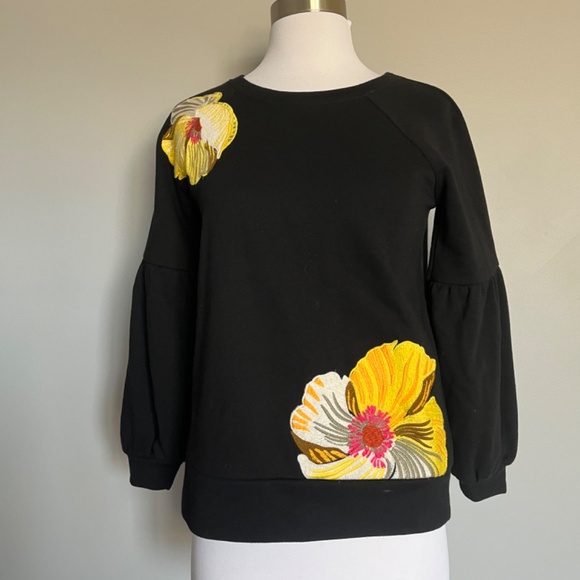 KAREN MILLEN Floral Embroidered Black Casual Cotton Balloo Sleeve Sweatshirt Top - Picture 7 of 16
